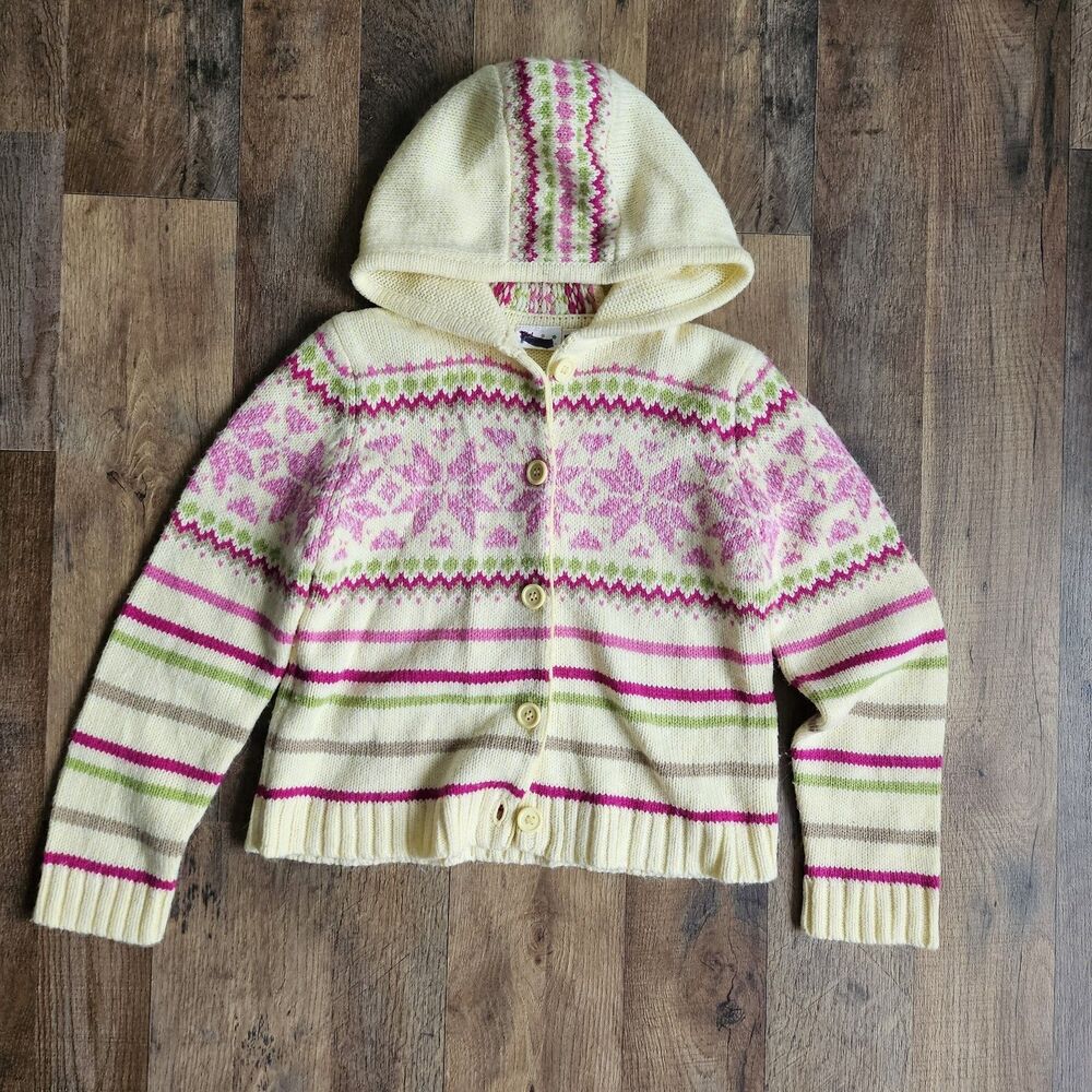 Y2K "Girl Connection" Girls' 7 Hooded Cardigan Sweater Pink Fair Isle Stripe